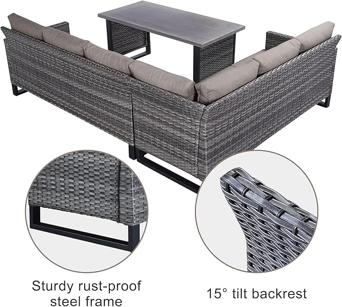 Belord Outdoor Sectional Sofa 6 Seater L Shaped Couch Wicker Patio Conversation Furniture Set with Tree-Grain Finish Metal Dining Table, Rattan Outdoor Furniture with Removable Washable Cushion Blue