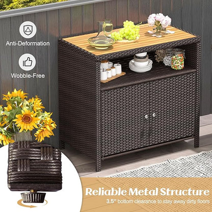 Tangkula Rattan Outdoor Storage Cabinet, Patiojoy Outdoor Cabinet with Acacia Wood Countertop, Open Compartment, 2-Door Wicker Sideboard, Outdoor Bar for Patio Garden Backyard Poolside (Mix Brown)