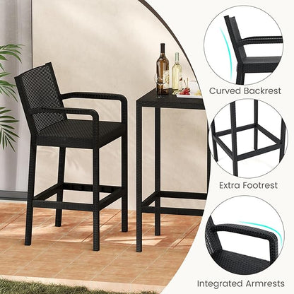 COSTWAY 3 Pieces Patio Bar Set, Modern Outdoor Bistro Set with 2 Chairs and 1 Square Bar Table, Curved Backrest and Armrests, Metal Frame, for Garden, Balcony, Poolside, Black