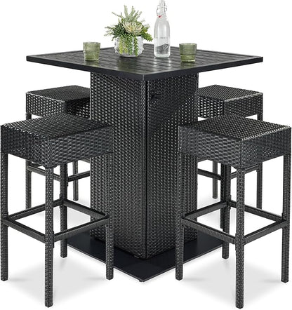 Best Choice Products 5-Piece Outdoor Wicker Bar Table Set for Patio, Poolside, Backyard w/Built-in Bottle Opener, Hidden Storage Shelf, Metal Tabletop, 4 Stools - Black
