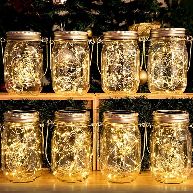 Solar Mason Jar Lanterns, 8 Pack with 30 Warm White LEDs