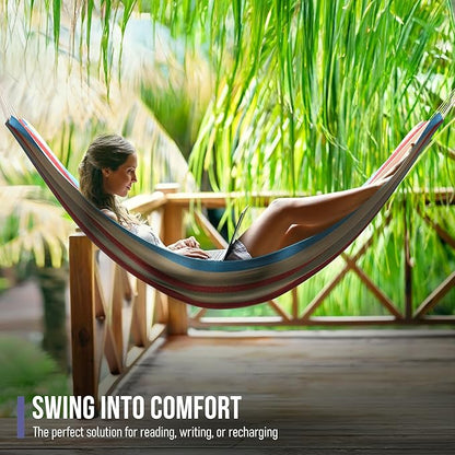 Sorbus® Brazilian Double Hammock - Extra-Long Two Person Portable Hammock Bed for Indoor or Outdoor Spaces - Hanging Rope, Carrying Pouch Included (Blue/Sand/Purple/Red Stripes)