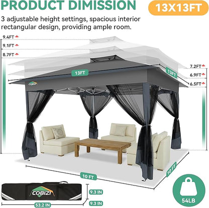 COBIZI 13x13 FT Pop up Gazebo on Clearance - Outdoor pop up Canopy Tent,carpas para Patio, Shelter - Screen Tents with Portable Carry Bag, Patio Gazebos for Camping,Garden,Deck,Backyard,Darkgrey