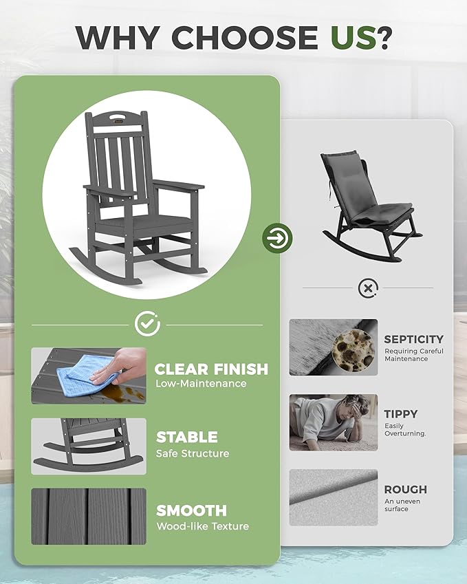 Rocking Chairs for Outdoor Use, Dark Grey, 380 lb Capacity, High Back
