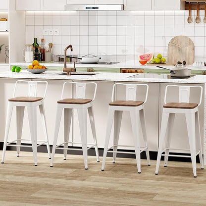 WENTMENT Metal Bar Stools Set of 4 Counter Height Bar Stools Barstools with Removable Back 24" Kitchen Bar Stools with Wooden Seat,Off White