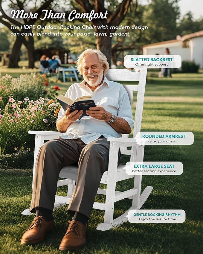 Oversized Outdoor Rocking Chair in White, HDPE, Holds 350 lbs