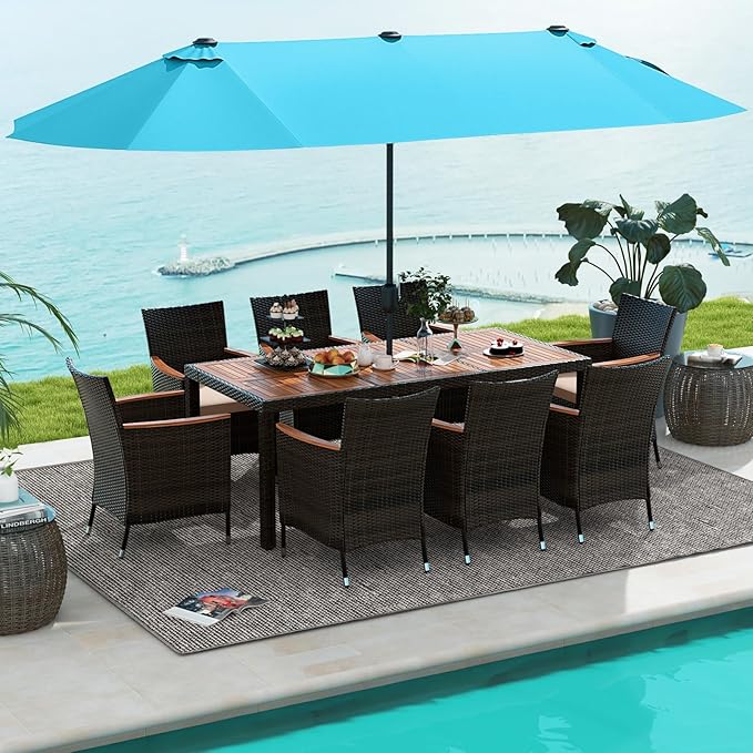 Tangkula 11 Piece Rattan Outdoor Dining Set with 15Ft Patio Umbrella for 8, Outdoor Wicker Table Set with 8 Cushioned Armchairs, Acacia Wood Top, Outdoor Umbrella with Base Included
