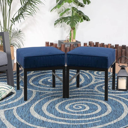 2 Pieces Outdoor Patio Ottomans, Assembled Aluminum Outdoor Ottoman with Blue Cushions, Aluminum Small Outdoor Foot Stools for Patio Porch Yard Garden Deck, Black Frame