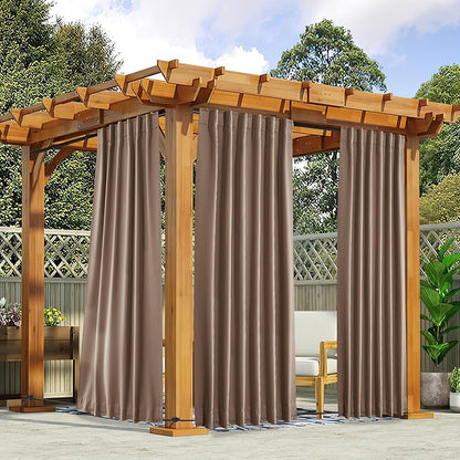 NICETOWN 2 Panels Outdoor Curtains for Patio Waterproof Top & Bottom Pocket & Back Tab, Blackout Outdoor Drapes with Rope for Fixed Windproof Keep Privacy & Warm for Porch, W52 x L95, Tan-Khaki