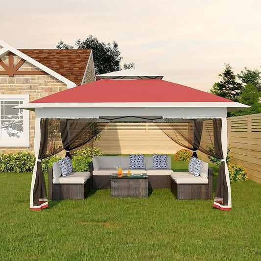Canopy Tent 12x12 ft, Pop Up Gazebo One-Push Setup with 4 SandBags for Backyard Parties and BBQs, Mosquito Netting & Height Adjustable - Red