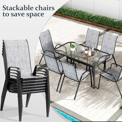 TLSUNNY 7 Pieces Patio Dining Set, Outdoor Table and Chairs W/1.69″ Umbrella Hole, 30"X 55" Table and Stackable Textilene Chair, All Weather Patio Furniture Set (Umbrella not Included) (Grey)