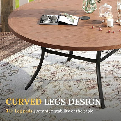 VICLLAX Large Patio Dining Furniture Set, Outdoor Dining Set for 10-60" Round Outdoor Table and Patio Stackable Chairs, Walnut Wood-Like Tabletop and Brown Fabric