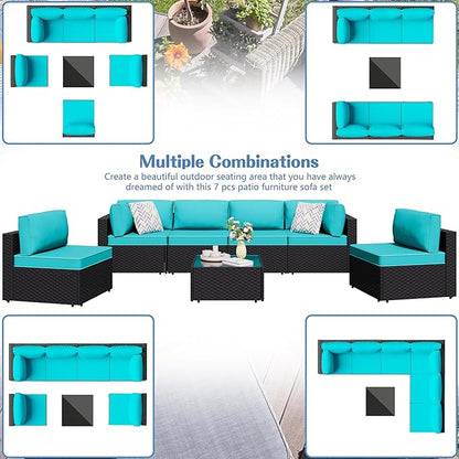 Shintenchi 7 Pieces Outdoor Patio Sectional Sofa Couch,PE Wicker Furniture Conversation Sets with Washable Cushions & Glass Coffee Table for Garden, Poolside, Backyard (Blue)
