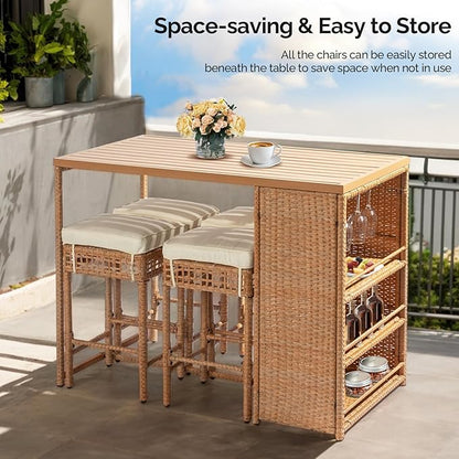 Outvita 5-Piece Outdoor Bar Set, Wicker Rattan Bar Height Patio Set w/4 Cushion Bar Stools & Table with Hidden Storage, Outdoor High Top Table and Chairs Set for Backyard, Balcony, Garden and Poolside