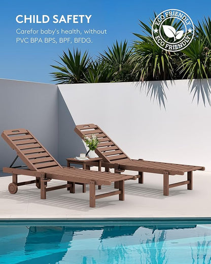 SERWALL Outdoor Chaise Lounge Set of 8, HDPE Pool Lounge Chairs with 5-Position Adjustable Backrest, Patio Loungers with Rolling Wheels & Cup Holder for Pool Sunbathing, Brown