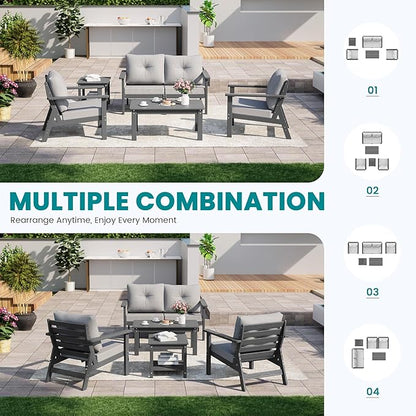 6-Piece HDPE Patio Furniture Set, Outdoor Sectional Sofa Set,All Weather Outdoor Couch with Dust-Free Cushions, Durable Patio Conversation Sets for Balcony, Porch, Gray