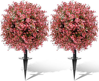 Artificial Topiary Bushes for Outdoors with Spike, Boxwood Ball Fake Shrubs UV Resistant Faux Plants for Indoor Outdoor Fall Thanksgiving Halloween Decor (Red Eucalyptus)