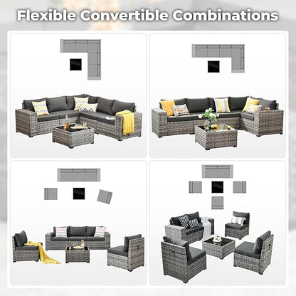 ovios 6 Pieces Patio Furniture Set, Outdoor Wicker Sectional Sofa with Glass Table Comfy Cushions, Modern Modular Deep Seat Couch Rattan Conversation Set, Black