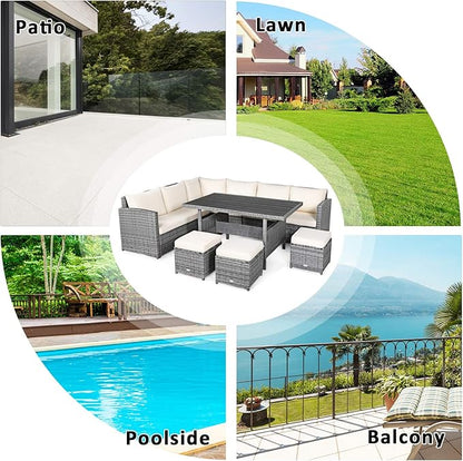 Tangkula 7 Pieces Patio Furniture Set, Outdoor Sectional Rattan Dining Sofa Set with Cushions, All Weather Wicker Conversation Couch Set with Dining Table & Ottomans for Yard Garden Poolside, White