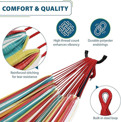 Vivere Double Cotton Hammock with Space Saving Steel Stand, Upgraded Polyester End Strings 450 lb Capacity - Premium Carry Bag Included - USA Grown Cotton (Salsa)