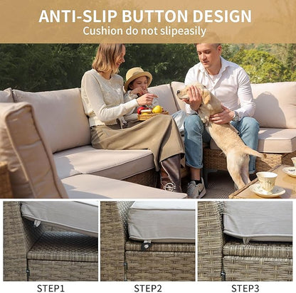 Jing's Villa 7-Piece Outdoor Patio Furniture Set,Ratten Conversation Sectional Sofa w/Coffee Table, All-Weather Patio Conversation Set with Thick and Anti-Slip Cushions for Backyard,Deck,Beige