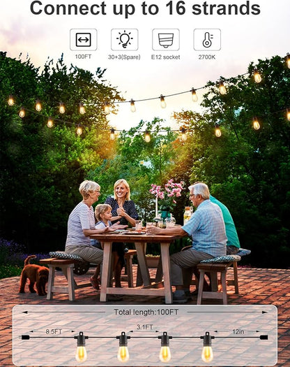 Svater LED Outdoor String Lights 100 FT, Patio Lights with Shatterproof Bulbs, Outside Hanging Light Waterproof for Porch, Deck, Garden, Backyard, Balcony, Dimmable 2700K