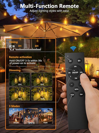 luckystyle 200FT LED Outdoor String Lights with Remote, 74+2 Shatterproof Bulbs Waterproof and Dimmable Patio Lights for Porch, Garden, Backyard, Deck, Balcony, 2700K Hanging Lighting