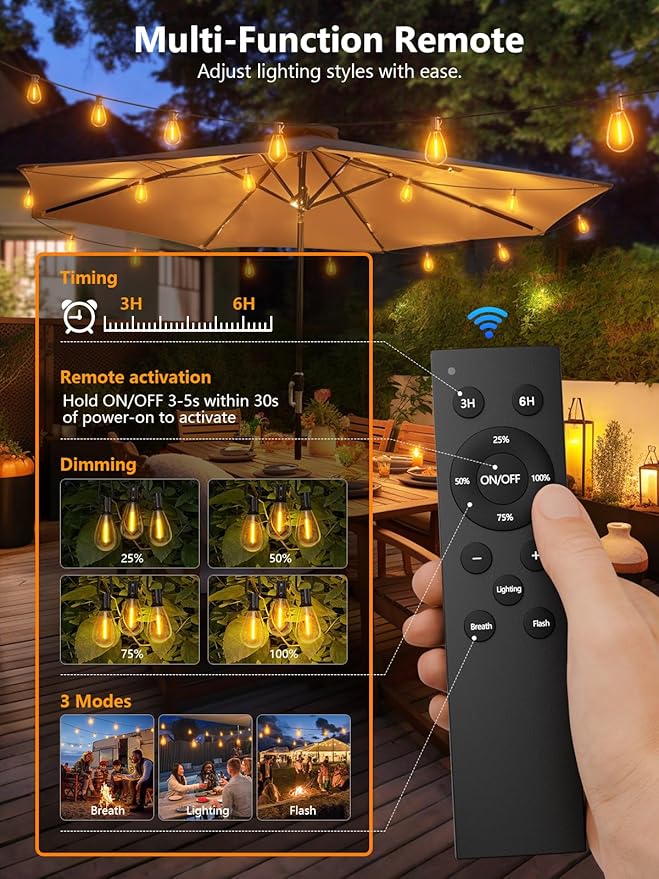 luckystyle 100FT LED Outdoor String Lights with Remote, 35+ 1 Shatterproof Bulbs Waterproof and Dimmable Patio Lights for Porch, Garden, Backyard, Deck, Balcony, 2700K Hanging Lighting