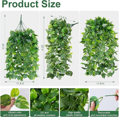 Faux Outdoor Plants Fake Hanging Plants for Outdoors Outside Decorations, 2 Pcs Green Faux Pothos Plant Vines Realistic UV Resistant Artificial Greenery for Planters Porch Garden Yard Front Door Patio