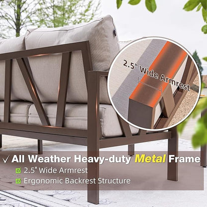Patio Furniture Set, 6 Pieces Outdoor Couch Sectional, L Shaped Patio Sofa, Metal Patio Couch Sectional with Side Table, Outdoor Seating Conversation Set, Beige