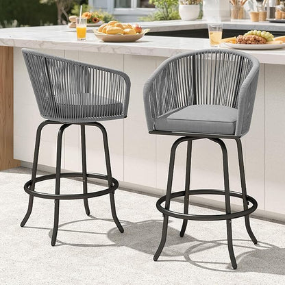 DWVO Outdoor Counter Height Bar Stools Set of 2, Patio Swivel Bar Chairs with Soft Cushions, 360° Rotation, Bar Height Rattan Chairs for Backyard, Poolside, Garden, Gray