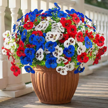 18 Pcs Artificial Fake Pansy Flowers for Outdoor, UV Resistant Faux Silk Pansies Patriotic Flowers for Outside for Planter Front Door Porch Patio Window 4th of July Home Decor (18, Red, White, Blue)