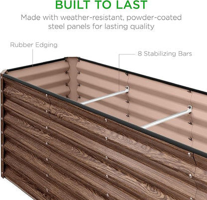 Best Choice Products 8x2x2ft Raised Outdoor Metal Garden Bed, Deep Root Box Planter for Vegetables, Flowers, Herbs, 240 Gallon Capacity, 100% Non Toxic Materials - Dark Brown Wood Grain