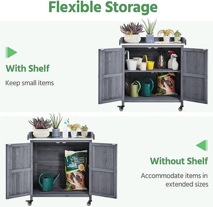 Yaheetech Garden Potting Bench Table, Outdoor Garden Horticultural Wooden Storage Cabinet & Solid Wood Planting Work Bench with Large Space Storage & Metal-Plated Tabletop, Gray