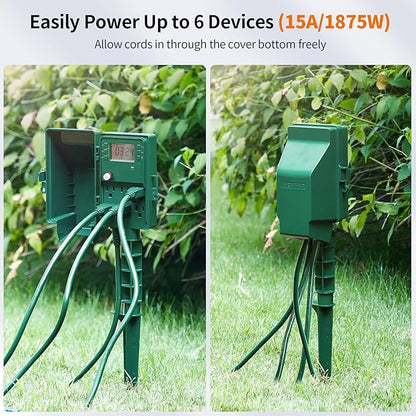 SURAIELEC Outdoor Power Stake, 7-Day Programmable Digital Timer, Power Strip Weatherproof, 6 Multi Plug Electrical Outlet Waterproof, 6FT Extension Cord, for Outside Yard Light, Christmas Decorations