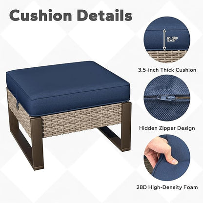 Joyside Outdoor Patio, All-Weather PE Rattan Ottomans Footstools with Removable Cushions & Anti-Rust Wood-Looking Legs for Garden, Backyard, Porch, Deck (Blue)