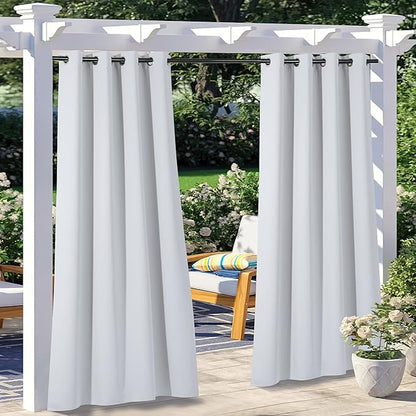NICETOWN 2 Panels Greyish White Outdoor Curtains for Patio Waterproof, Rustproof Stainless Steel Grommet Room Darkening Thermal Insulated Vertical Drapes for Front Porch & Canvas, W52 x L84
