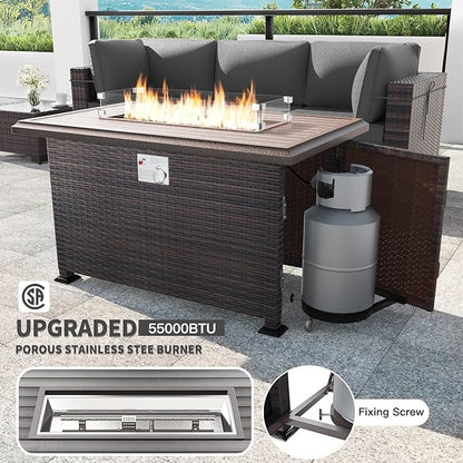 Kullavik 10 Pieces Outdoor Patio Furniture Set with 43" 55000BTU Gas Propane Fire Pit Table PE Wicker Rattan Sectional Sofa Patio Conversation Sets,Grey