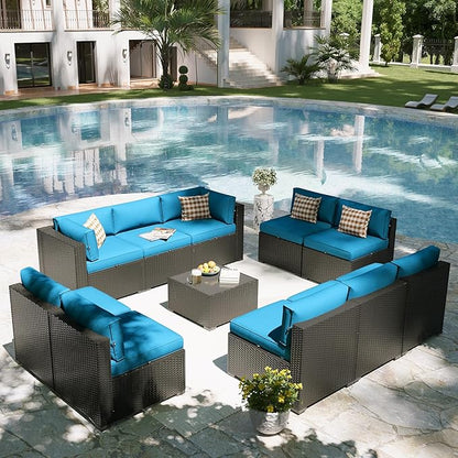 Aoxun Patio Furniture Set, 11 Piece Outdoor Sectional Sofas with Waterproof Cover, 10 Seats Wicker Rattan Outdoor Furniture Patio Conversation Set for Backyard, Garden Peacock Blue