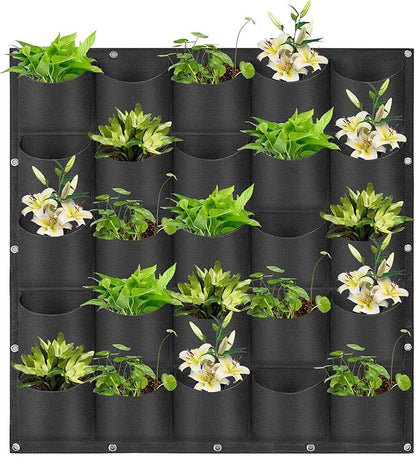 Hanging Planting Grow Bags, 25 Pockets Hanging Vertical Wall Planter Wall Mounted Grow Bag Outdoor Indoor Gardening Vertical Greening Flower Container, Planting Bags Storage Bags(1.0 m × 1.0 m, Black)