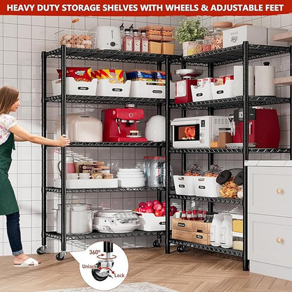Xcity Storage Shelves, 5 Tier Heavy Duty Metal Shelving Unit with Wheels, 2500 LBS Capacity Adjustable Steel Wire Shelf Organizer for Pantry, Kitchen, Garage, 18" D x 48" W x 72" H, Black
