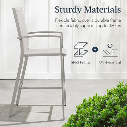 Best Choice Products Outdoor Bar Stools Set of 2, Bar Height, Patio Furniture, All Weather Mesh Design w/Armrest - Gray/Gray