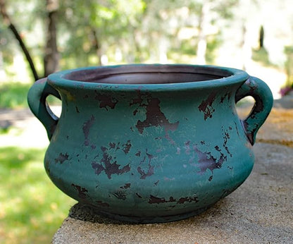 Egyptian Era Designed Earthen Ware Terra-Cotta Vessel/Planter with Looped Handles (Green)
