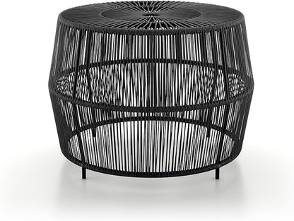 Furniture of America Ysar Boho Rattan Round Coffee Table Outdoor with Metal Frame, All-Weather and Rust Resistant, Handcrafted Coastal Furniture for Patio, Poolside, Garden, Yard, Black