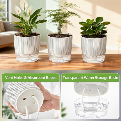 3 Pack Self Watering Pots Set, 4 Inch Self Watering Pots for Indoor Plants, Planter Pot with Wick Rope and Reservoir for African Violet, Spider Plant, Orchid