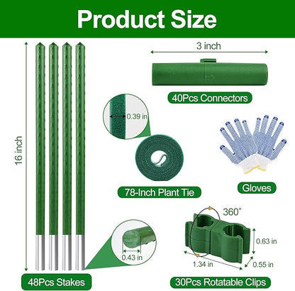 WAENLIR 16 Inch 48 Pack Extendable Garden Stakes Kit, DIY 4ft 5ft 6ft 7ft 8ft Plant Support Stakes with Connectors and Clips, Plastic Coated Metal Sticks for Tomato Indoor Outdoor