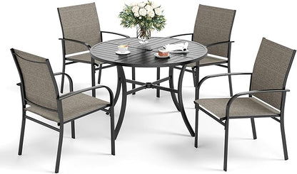 5 Piece Patio Dining Set for 4, 42" x 42" Round Metal Table with Umbrella Hole and 4 Brown Chairs, Outdoor Table and Chairs Set for Lawn Backyard and Deck