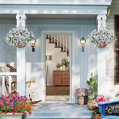 Artificial Faux Hanging Plants Flowers Basket for Outdoors Decoration,Hanging Planters with Fake Silk Daisy Flowers for Outside,UV Resistant Realistic Porch Patio Balcony Garden Yard Home Decor（White）
