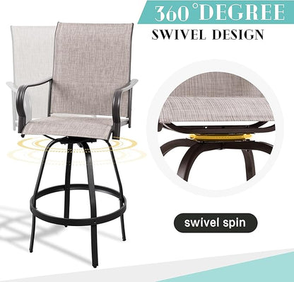 Vongrasig 3 Piece Patio Swivel Bar Set, All Weather Mental Textilene High Swivel Stools Chair Set of 2 and Glass Bar Table, Outdoor High Top Bistro Set for Lawn Garden, Balcony, Taupe