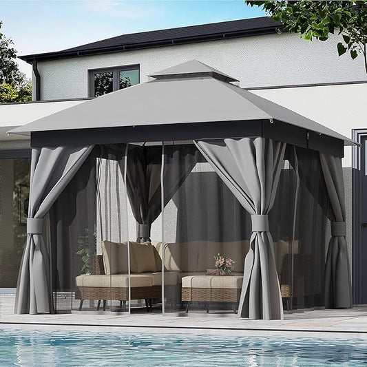 LAUSAINT HOME Semi-Permanent Outdoor Patio Gazebo 10'x10', Heavy Duty Party Tent Shelter with Double Roofs, Mosquito Nettings and Privacy Screens for Backyard, Garden, Lawn, Gray